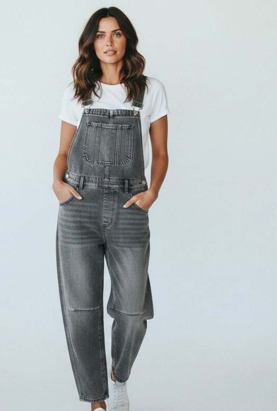 Aaron & Amber Denim Women's Casual Barrel Leg Bib Overalls Grey Wash Sz S